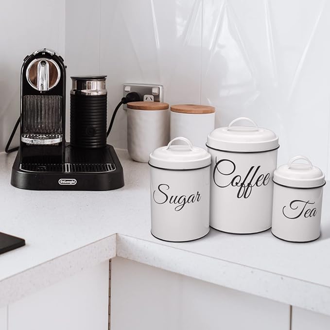 3-Piece Country Kitchen Canisters, Vintage Tea Sugar Coffee Canister Set, Rustic Farmhouse Metal Food Storage Tins for Coffee, Sugar, Tea, for Kitchen Countertop, White