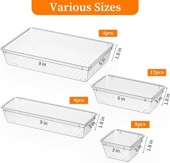 32 PCS Clear Plastic Drawer Organizer Set, 4-Size vanity organizer Trays and Storage Bins for Makeup, Jewelry and Gadgets in Bedroom, Bathroom and Office, Clear