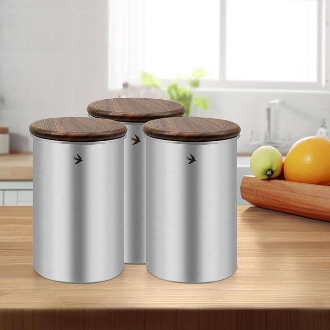 Food Storage Jar Canister with Airtight Walnut Wood Lid Elegant Design Stainless Steel Canister for Tea Coffee Sugar Spice Nuts Snacks Seasonings Storage Jar Caddy (19oz Natural)