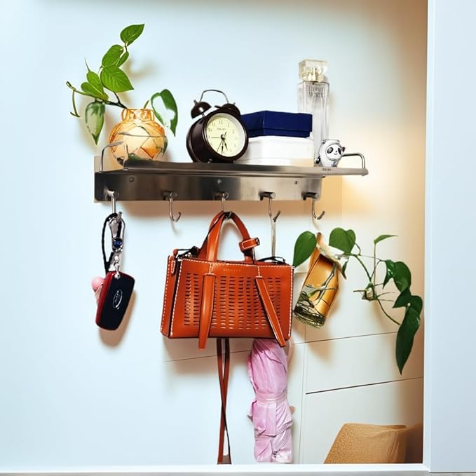 Spice Holder Rack Wall Mounted, Pots Pans Cups Hanger 16 Inch With 5 Hooks-Heavy Duty Small Kitchen Organizer - 304 Stainless Steel Shelf Coffee Mugs Storager for Glass Jars Bottles Utensil Cookware