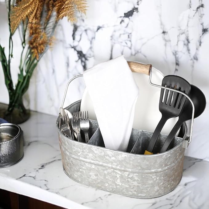 CLEENTABLE Galvanized Farmhouse Utensil Caddy – 4-Compartment Tin Organizer for Kitchen, Parties & Outdoor Use (13.5” L x 10” W x 5.5” H, Removable Handle)