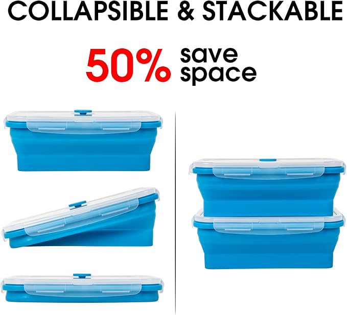 Collapsible Food Storage Containers with Lids, 4 Pack, 40 oz Silicone 1-Compartment Meal Prep Containers Reusable, Lunch Bento Boxes for Adults, Microwave Freezer Dishwasher Safe, BPA-Free, Blue