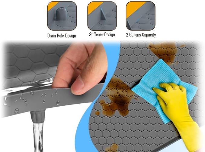 Kitchen Vista Under Sink Mat for kitchen and bathroom Cabinets 34’’ x 22’’ | Silicone Sink Cabinet Protector with Drain Hole,Flexible Sink Drip Tray | Under Sink Organizers and Storage, Grey