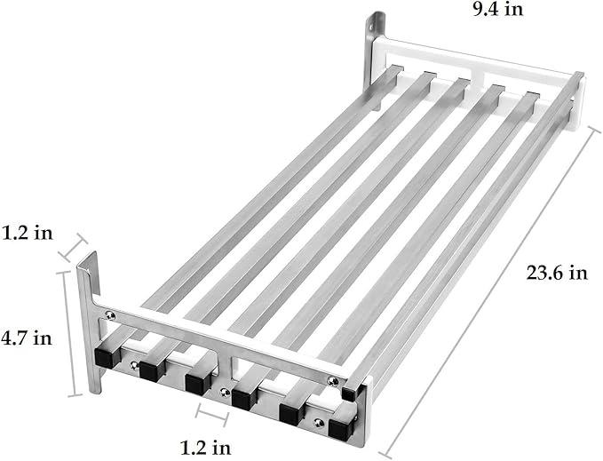 Wall Mounted Pot Holder Pan Organizer with 16 Hooks, Stainless Steel Kitchen Wall Pots and Pans Rack, Heavy Duty, Modern Slat Design (24'' by 9 1/2")