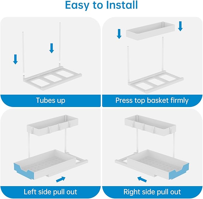 2 Tier Under Sink Organizer L-Shape Pull Out Cabinet Organizers Narrow Space Sink Shelf Storage Shelves Multi-purpose Organization Drawer for Bathroom Kitchen Pantry, 15.5 Inch, White