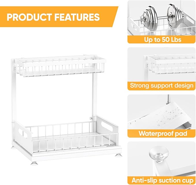 Under Sink Organizer Storage 2-Tier Premium Metal Pull-Out Racks, Height Adjustable, Easy Installation | Kitchen & Bathroom Organizers Pack of 1 White