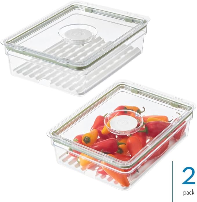 iDesign Large Fridge Produce Bin with Removable Drainage Tray and Lid - Set of 2 - Clear/White