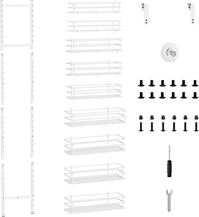 Pantry Door Organizer 12 Inch Wide, 9 Tier Hanging Adjustable Over the Door Spice Rack For Narrow Space,Matt White
