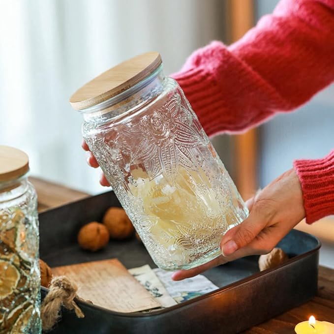 ANSQU Vintage Glass Canister, 34oz Candy Jar with Lid, Decorative Mason Jar for Home Kitchen Pantry, Cute Jar for Coffee, Tea, Candy, Cookie, Sugar