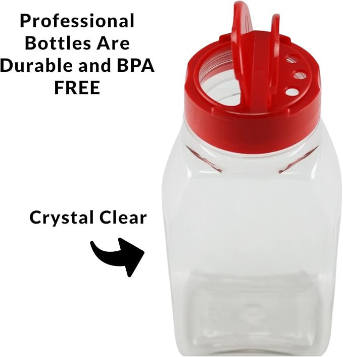 Skyway Supreme Large 16 OZ Plastic Spice Bottles Seasoning Containers Jars - Flap Cap Pour and Sifter Spice Shaker - Refillable Perfect For Storing Dispensing Herbs BBQ Rub - BPA Free - Set of 2