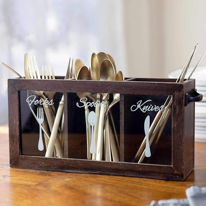 BLU MONACO Espresso Wooden Cutlery & Utensil Caddy – Silverware Organizer Bin for Forks, Spoons, Knives – Perfect for Kitchen Countertop