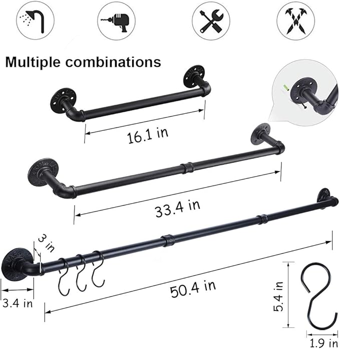 WuGeShop 50.4 inch Hanging Pot Rack Wall Mounted Pot Pans Hanging Rail, Industrial Long Pot Pan Bar With 15 S Hooks, Black Pot Hangers Kitchen Pot and Pan Hanging Rack