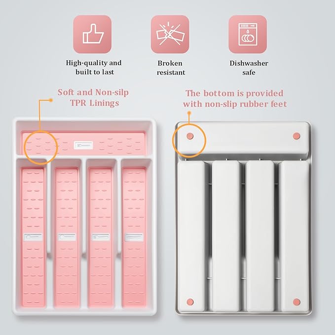 Silverware Organizer with Cutlery Icons,Silverware Tray for Kitchen Drawer,Flatware Tableware Cultery Drawer Organizer Utensil Organizer with Non-slip TPR Linings,Pink Kitchen Organization Essentials