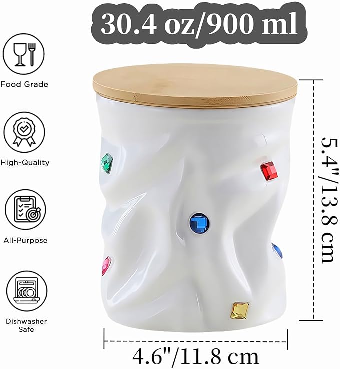 Ceramic Jar with Lid, Kitchen Food Storage Jars with Bamboo Airtight Lids, Pantry Organizers and Storage Canisters for Tea, Sugar, Candies, Coffee Beans Canister (30.4 oz-white)