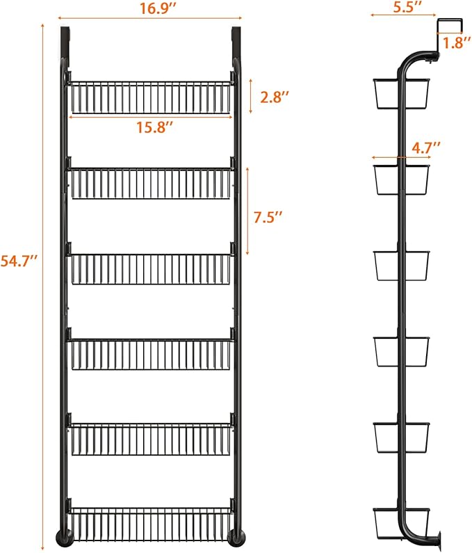 Over The Door Pantry Organizers and Storage, 6-Tier Spice Rack, Home & Kitchen Storage Shelves for Cabinet, Large Capacity Hanging Seasoning Organizer, Laundry Room Organization, Black