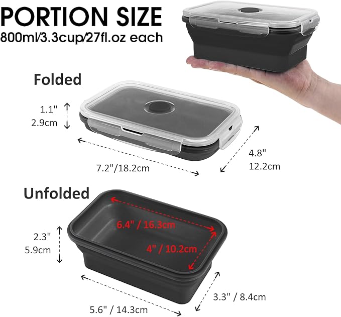 Collapsible Food Storage Containers with Lids, 8 Pack, 27 oz Silicone 1-Compartment Meal Prep Containers Reusable, Lunch Bento Boxes for Adults, Microwave Freezer Dishwasher Safe, BPA-Free, Black