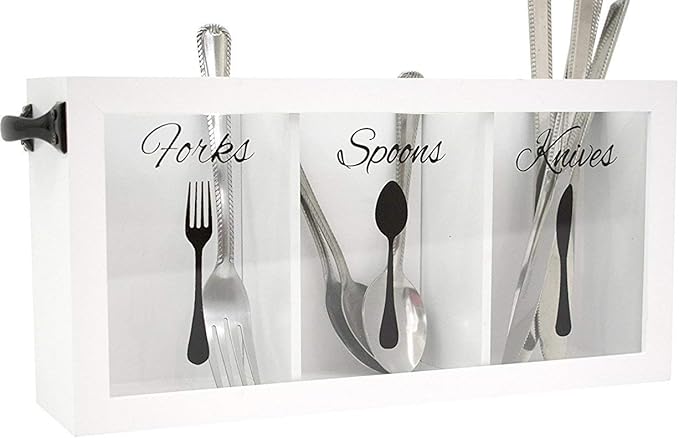 BLU MONACO White Wooden Cutlery & Utensil Caddy – Flatware Organizer Bin for Forks, Spoons, Knives – Perfect for Kitchen Countertop