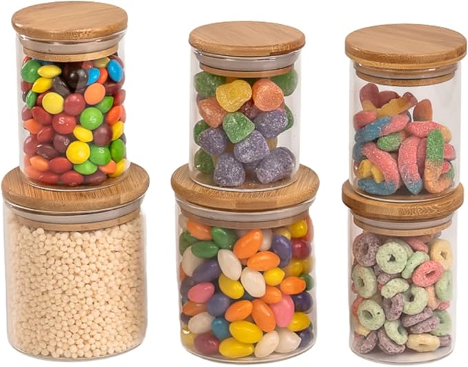 | Hermetic Glass Storage Jars with Bamboo Lid | Multipurpose Jars, Candy Jars, Dry Food Canisters, Airtight, Variety Set, Kitchen Glass For Coffee, Flour, Sugar, Cookie, Spice | 6 Pieces, 32 OZ