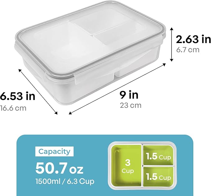 carrotez Food Storage Container with 3 Removable Compartments, Food Prep Container with Airtight Lids, Portion Control Container, Reusable, BPA Free, 6.3 Cup (1500ml)