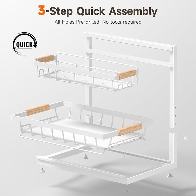 2 Packs Under Sink Organizer, High Adjustable 2 Tier Under Kitchen sink organizer, Multi-Purpose Storage Shelf for Kitchen Bathroom Cabinet, White
