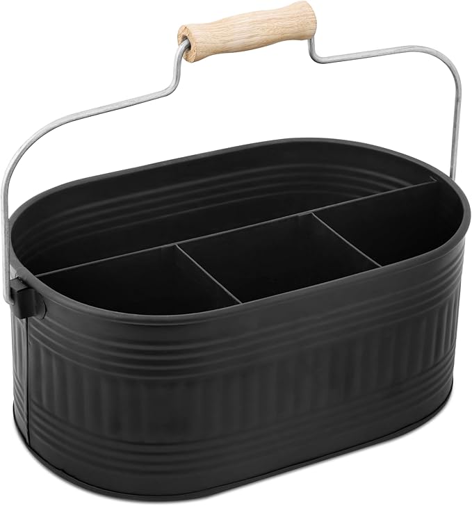 Alpha Living Home Large Silverware Drawer Organizer, Utensil Holder, Silverware Organizer, Caddy, Cutlery Holder, Wooden Handle 4-Section Galvanized Flatware Organizer for Kitchen, BBQ Black