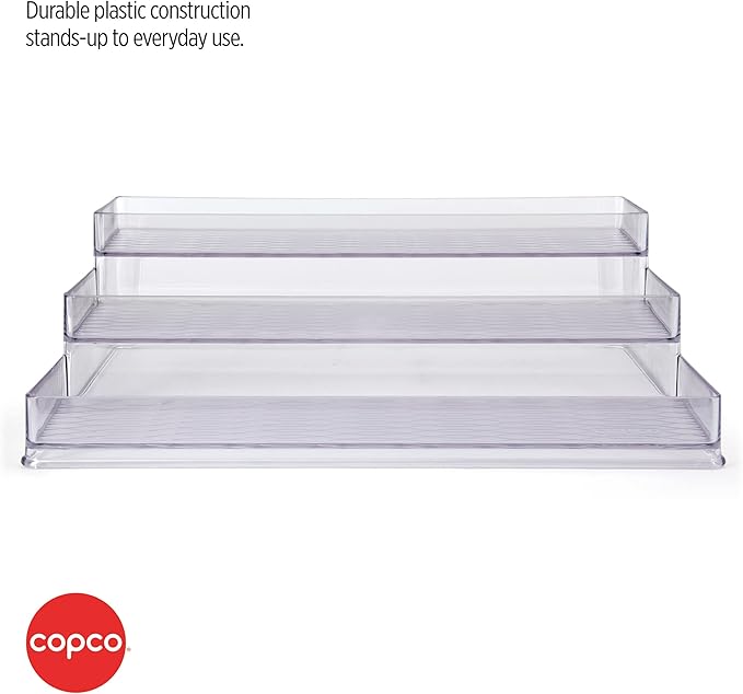 Copco 3 Tier Clear Stadium Organizer with Deep Shelves Versatile Storage for Spices Pantry and Supplies Durable Plastic 3.75 Inch Shelves
