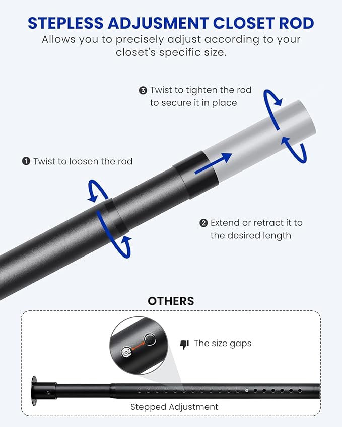 2 PACK Closet Rods for Hanging Clothes, 17 to 39 Inches Stepless Adjustable Metal Closet Rod, 1.3 Inches Heavy Duty Clothes Hanging Rod for Closet Wardrobes Laundry RV