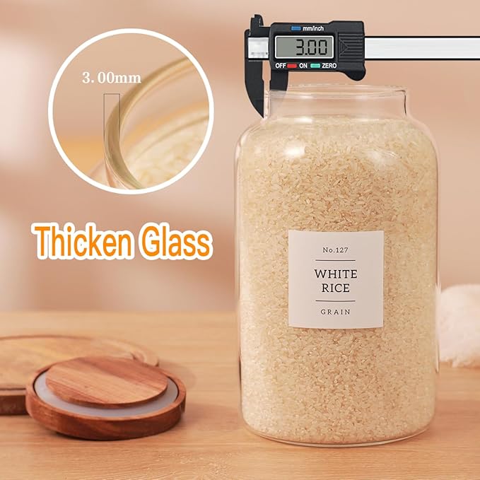 High Borosilicate Large Glass Jar with Airtight Acacia Lid and 132 Kitchen Panty Labels Preprinted - 94 Fl Oz Thicken Big Glass Food Storage Container Canister for Flour, Sugar, Rice, Cookie, Cereal