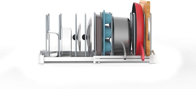 EVERIE Adjustable Bakeware Organizer Pot Lid Holder Rack for Pots, Cake Molds, Cutting Boards, Mats, Cookware, GS02SS, 7.7'' Deep by 12.6'' to 21.5'' Wide