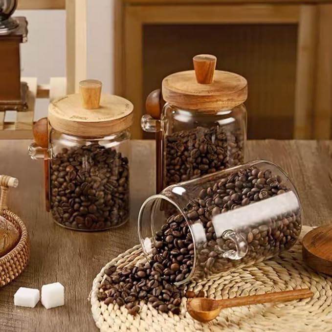 ANSQU Glass Jar with Wooden Lid & Spoon, 27oz Food Storage Containers Coffee Jar Coffee Grounds Container, Glass Food Storage Canister (1 Pack)