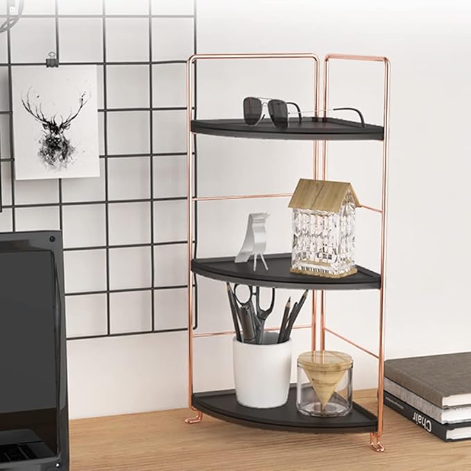 3-Tier Bathroom Countertop Organizer, Vanity Tray Cosmetic & Makeup Storage, Kitchen Spice Rack Standing Shelf, Corner Storage Shelf, Black & Rose Gold