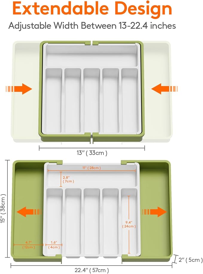 Lifewit Silverware Drawer Organizer, Expandable Utensil Tray for Kitchen, BPA Free Flatware and Cutlery Holder, Adjustable Plastic Storage for Spoons Forks Knives, 2 Pack, Green&White