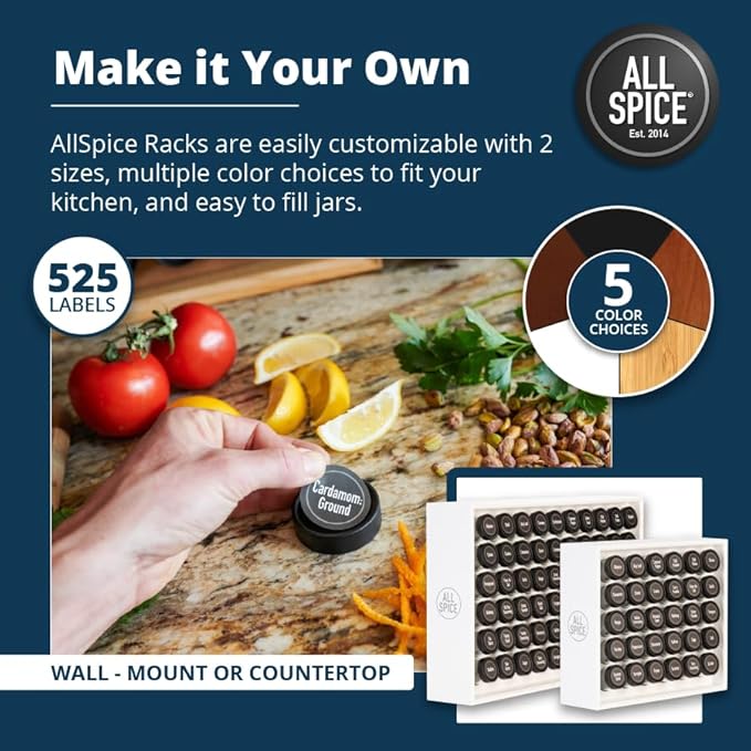 AllSpice Wood Spice Rack Organizer, 525 Unique Labels, Countertop or Wall Mount, Includes 60 4oz Jars- Matte White