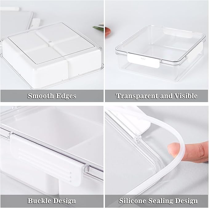 Eanpet Divided Serving Tray with Lid 4 Compartment Veggie Tray Portable Square Snackle Box Stackable Travel Snack Platters Charcuterie Food Storage Containers for Fruit,Vegetable,Salad