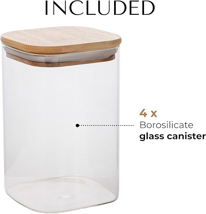 32oz Square Borosilicate Glass Canister With Bamboo Lid, Airtight Pantry Storage Jar Containers Ideal for Rice, Candy, Sugar, Flour, Nuts, Cookies and Coffee Beans (4 Pack)