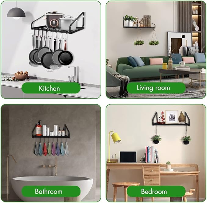 Hanging Pots & Pans Rack,Wall Mounted Pots Pans Organizer Holder Rack with 8 Hooks, Kitchen Wall Storage Organizer Hanger Shelves for Pans Set, Utensils, Cookware, Books, Household,Black
