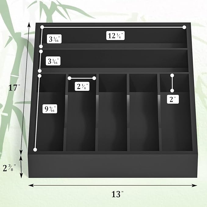 Utensil Organizer Silverware Drawer Organizer - 7 Slots Bamboo Silverware Tray For Kitchen Cutlery Office Supplies Makeup Desk Storage Garage Tool Organization W13”x L17” (Black)