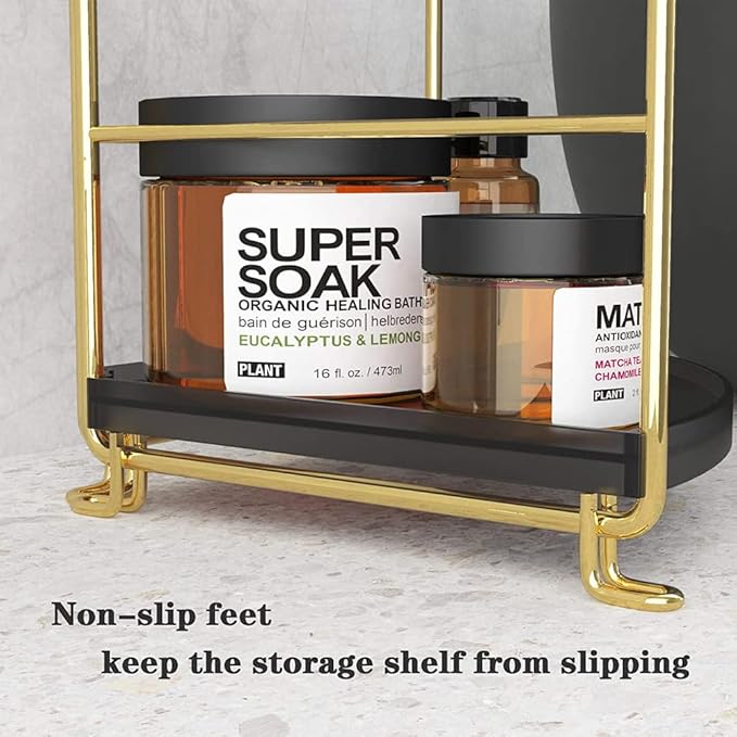 Kitchen Spice Rack Standing Shelf, 2-Tier Corner Storage Shelf, Bathroom Countertop Organizer, Vanity Tray Cosmetic & Makeup Storage,Gold&Black