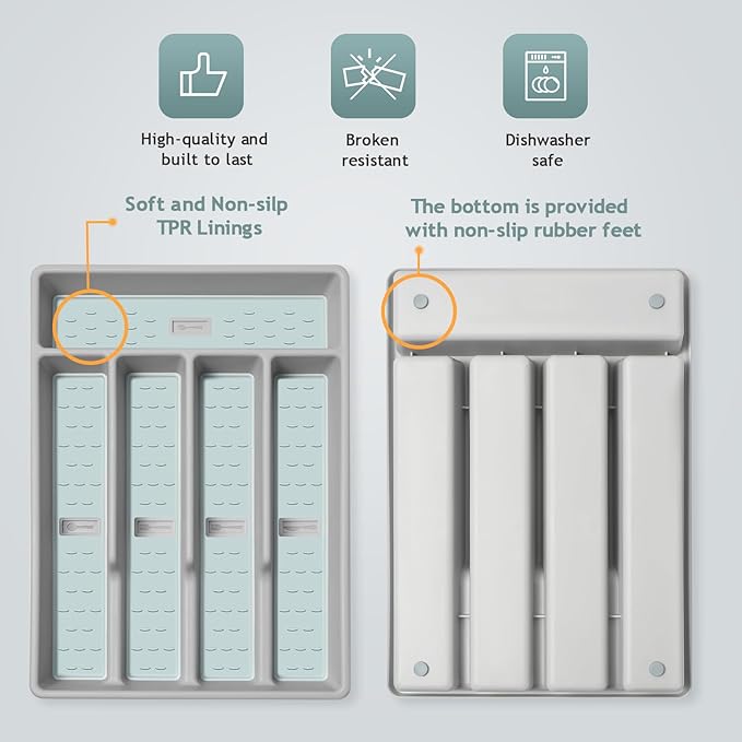 Silverware Organizer with Cutlery Icons,Silverware Tray for Kitchen Drawer,Flatware Tableware Cultery Drawer Organizer Utensil Organizer with Non-slip TPR Linings,Kitchen Organization Essentials