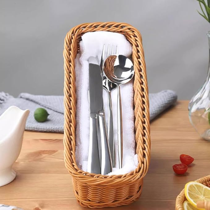 Cabilock 2pcs Wicker Rectangular Woven Baskets Bins Rattan Woven Utensils Holder Cutlery Organizer for Countertop Chopsticks Storage