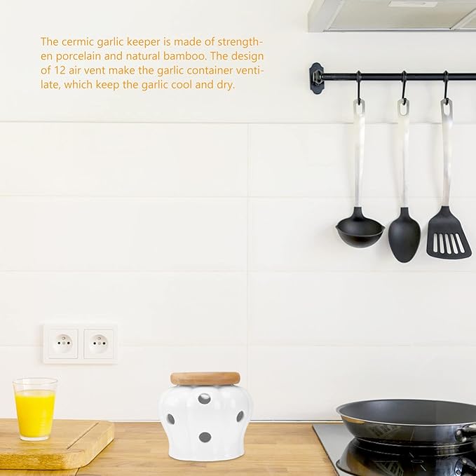 UPKOCH White Ceramic Garlic and Ginger Storage Container with Bamboo Lid, Ventilated Kitchen Canister, Ceramic Jar with Holes for Food Storage, 13x13x11cm