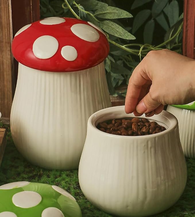 WAIT FLY Mushroom Shaped Ceramic Coffee Bean Storage Container, Tea Canister, Food Storage Jar for Tea, Coffee, Spices, Sugar, Candy, Cookies-Red-43 OZ