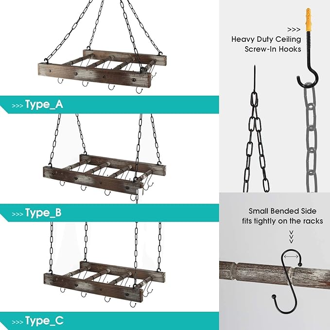 J JACKCUBE DESIGN Hanging Pot Rack Pan Ceiling Wall Mounted Hanger Multi- Purpose Rustic Wood and Metal Cookware Kitchen Storage Organizer With Utility 16 Hooks - MK603B