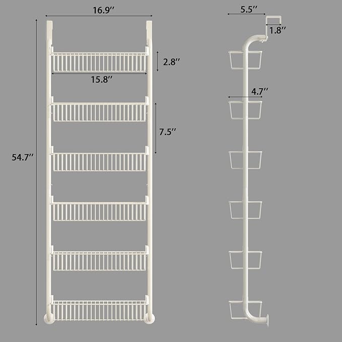 Over the Door Pantry Organizers and Storage, 6-Tier Spice Rack, Home & Kitchen Storage Shelves for Cabinet, Large Capacity Hanging Seasoning Organizer, Laundry Room Organization, White