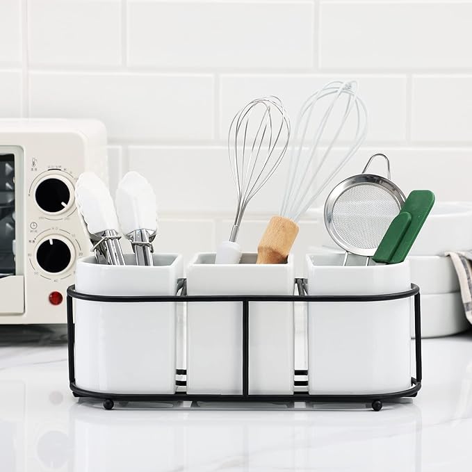 3 Piece Porcelain Flatware Holder Caddy with Metal Rack, Utensil Holder Caddy For Spoons, Knives and Forks Cutlery Organizer