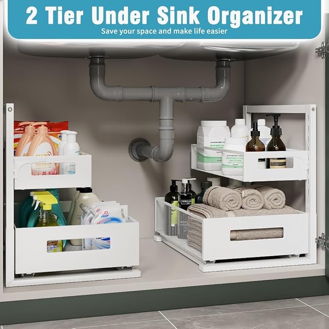 Under Sink Organizer Adjustable Height 2 Tier Bathroom Organizer Pull Out Cabinet Organer kitchen organizers and storage fridge organizers and storage,White,XL-1 Pack