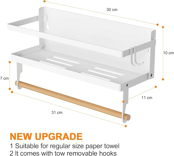 Spice Rack Magnetic Shelf with Paper Towel Holder Roll and Hooks, Foldable Refrigerator Magnetic Spice Holder, Seasoning Organizer Hanging Spice Storage Stand, White
