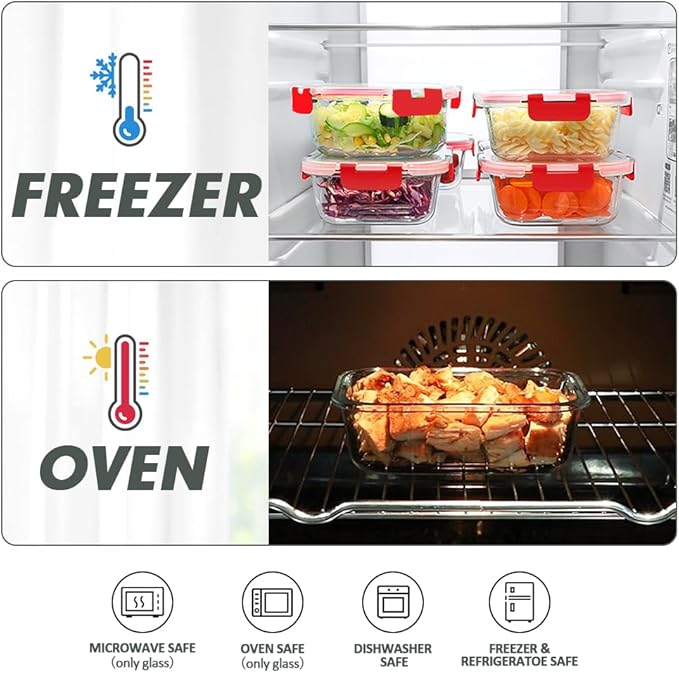 VERONES 24 Pieces Glass Food Storage Containers Set, Airtight Glass Lunch Containers, Glass Meal Prep Containers with Lids,Exclusive of BPA, for Microwave, Oven, Freezer & Dishwasher Friendly,Red