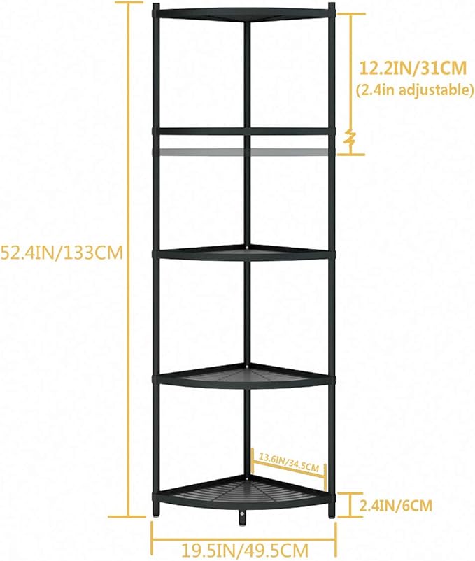 5-Tier Kitchen Corner Shelf Rack, Free Standing Pot Rack for Organizer Stainless Steel Cookware Stand