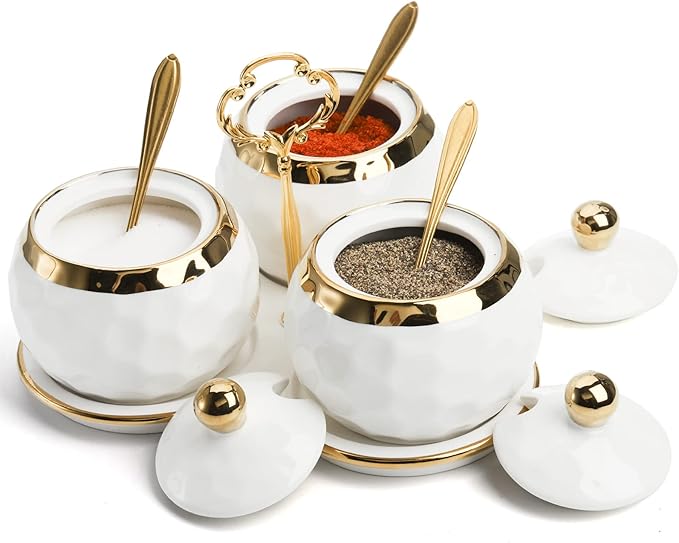 ZENFUN Set of 3 Ceramic Condiment Pots with Trays, Condiment Jars Containers with Lids and Spoons, Porcelain Sugar Salt Bowls Set, White Spice Seasoning Box for Kitchen, Restaurant, Counter, Home